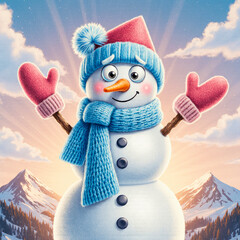 Happy snowman wearing a blue hat and scarf with pink mittens