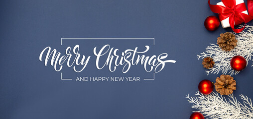 Merry Christmas and Happy New Year greeting card, frame, and banner. Holidays design. Noel and...