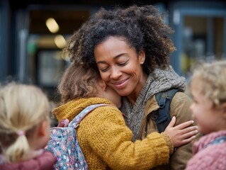 A caring mother hugs her young child goodbye outside the school entrance, showing warmth and emotional support during drop-off time. The scene captures a tender family moment before the school day beg