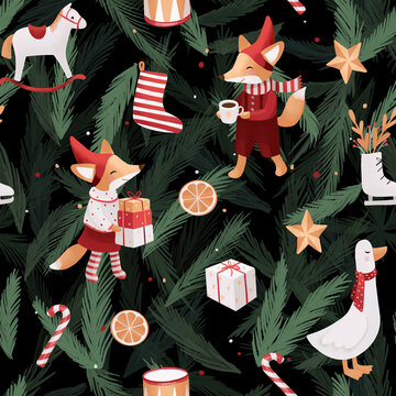 Seamless Pattern - Festive Foxes in Christmas Tree