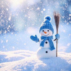Happy snowman wearing a blue hat and scarf in a snowy winter scene