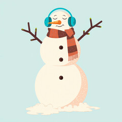 Happy snowman wearing headphones and scarf enjoying winter