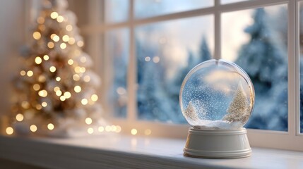 Cozy christmas scene with a snow globe on a windowsill next to a decorated tree