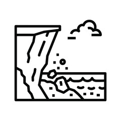 Cliff collapse icon showing rocks falling into water from a precipice