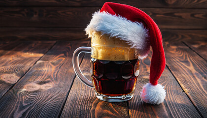 Festive dark beer in a glass mug adorned with a charming Santa hat, resting on a rustic wooden table, perfect for winter holiday celebrations and cheerful gatherings