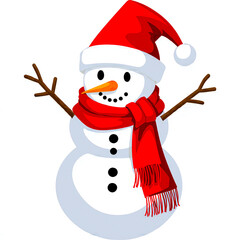 Happy snowman wearing santa hat and red scarf with arms outstretched