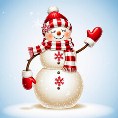 Cute snowman wearing a red and white striped hat and scarf waving hello