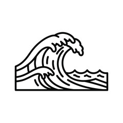 Black outline drawing of a breaking ocean wave, isolated on