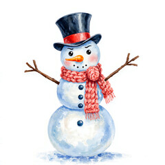 Cute watercolor snowman wearing a top hat and scarf