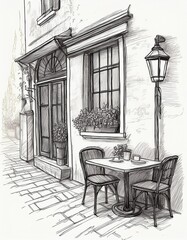 A sketch of a romantic street caf&eacute; scene featuring a small table with chairs, a window with potted plants, and a lantern on a quiet cobblestone street.