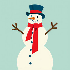 Cute snowman wearing a hat and scarf on a light blue background