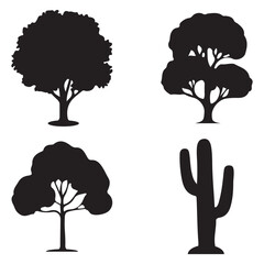 Tree Silhouette Icon Set with Cactus Nature and Forest Vector Collection