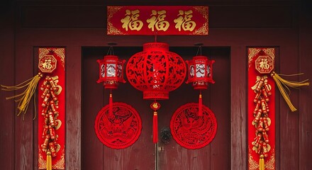 Vibrant red chinese new year decorations adorn a traditional doorway with ornate lanterns and auspicious characters