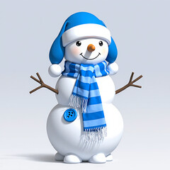 Cute snowman wearing blue hat and scarf with carrot nose