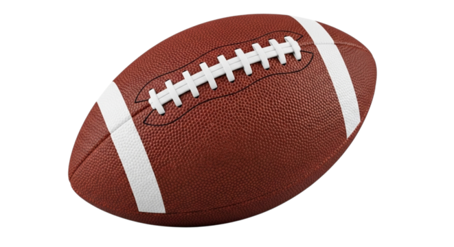 A brown american football with white laces and stripes, isolated on a transparent background, representing the sport of football and athletic competition - Powered by Adobe
