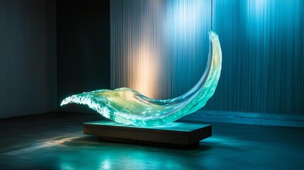 A stunning glass sculpture capturing light and dynamic form in a modern exhibition space.