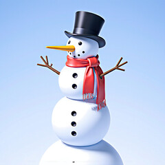 Cheerful snowman wearing a top hat and scarf against a bright blue sky
