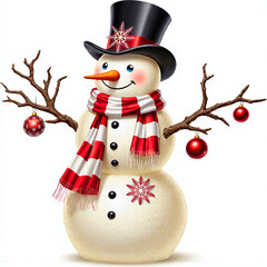 Cheerful snowman wearing a top hat and scarf with ornaments