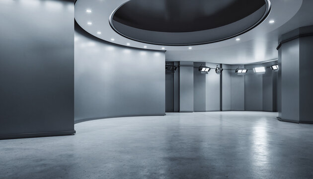 Sleek and spacious modern interior with curved walls, a polished concrete floor, and ambient lighting in an empty futuristic lobby