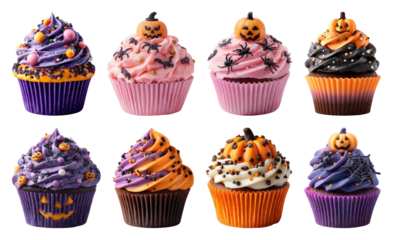 PNG Colorful Halloween-themed cupcakes displayed, element set on transparent background