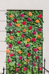 Kolorowa zielona ściana z różowymi i pomarańczowymi kwiatami na elewacji budynku.