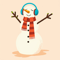 Happy snowman wearing headphones and scarf enjoying music