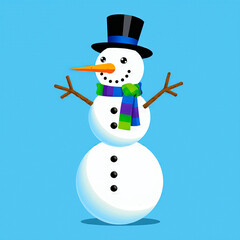 Cute cartoon snowman wearing a top hat and scarf on blue background