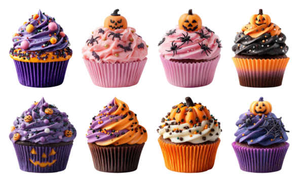 PNG Colorful Halloween-themed cupcakes displayed, element set on transparent background - Powered by Adobe