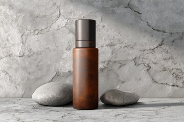 Cosmetic bottle on rough stone surface with natural texture – organic skincare packaging and minimalist product concept