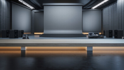 Sleek, modern, and empty conference hall with a large projection screen and sophisticated lighting, prepared for corporate presentations, webinars, or professional events