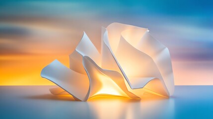Abstract paper sculptures illuminated with soft light against a colorful backdrop.