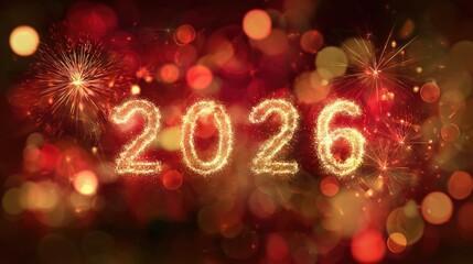 Glowing golden 2026 numbers with red lights, sparkling fireworks and festive New Year celebration concept