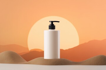 White cosmetic pump bottle on sand dunes with warm sunset background – skincare product photography and natural beauty concept