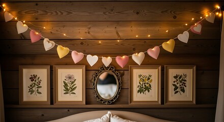 Cozy rustic bedroom decor featuring a heart garland string lights and botanical art above a bed
