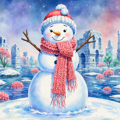 Charming snowman wearing a scarf and hat in a snowy winter landscape