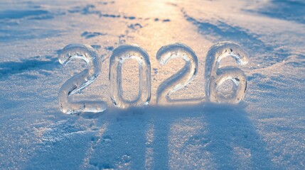 Icy frozen 2026 numbers on snowy winter surface at sunrise with seasonal New Year celebration concept
