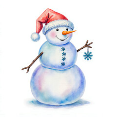 Cute watercolor snowman wearing a santa hat holding a snowflake