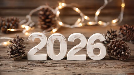 Rustic wooden 2026 numbers with pinecones and warm string lights in cozy Christmas holiday decoration concept