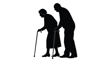 Elderly couple silhouette with walking sticks isolated on white background, Vector