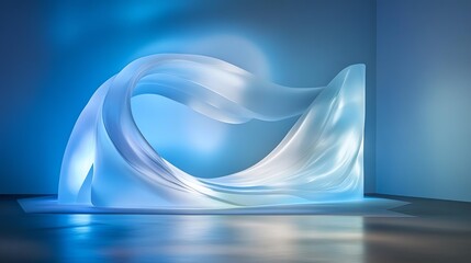 A flowing, translucent sculpture illuminated in soft blue tones, creating an ethereal atmosphere.