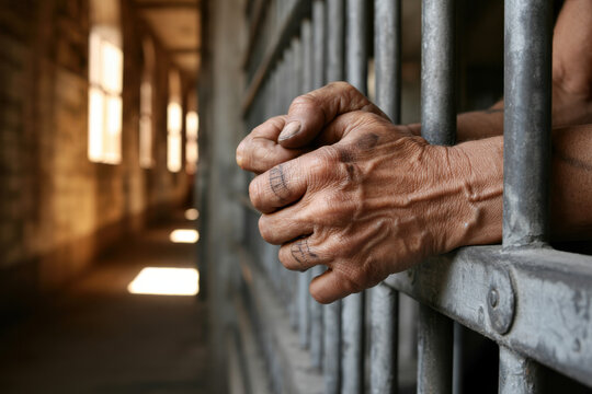 Gritty close-up captures weathered hands clasped behind prison bars, evoking themes of confinement, regret, and the harsh realities of justice.