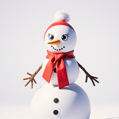 Cute snowman with red scarf and hat on white background