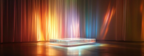 A vibrant stage with colorful lights and curtains, perfect for creative presentations.