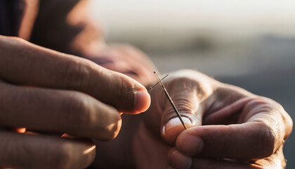 Close-up shot of nimble hands meticulously threading a delicate needle, showcasing the precision and focus required for intricate sewing and crafting projects