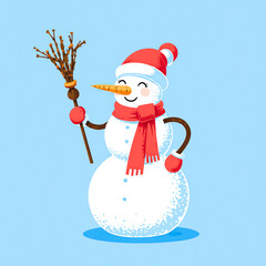 Happy snowman wearing a red hat and scarf holding a broom