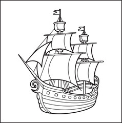 Simple and beautiful ship on sea water black vector line art illustration for children coloring page or book design 