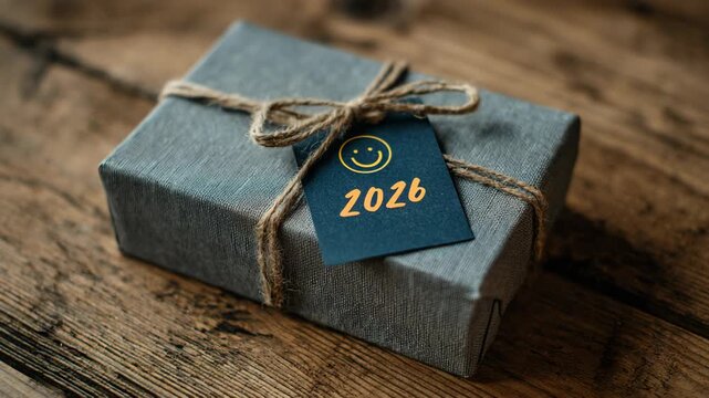 Wrapped gift with 2026 tag and twine on wooden table