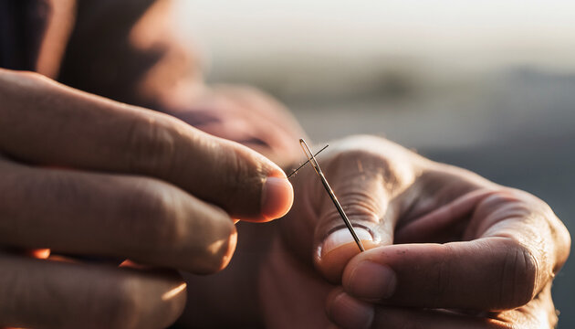 Close-up shot of nimble hands meticulously threading a delicate needle, showcasing the precision and focus required for intricate sewing and crafting projects