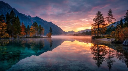 Stunning autumn sunrise over hintersee lake with misty reflections and colorful foliage, panoramic view of the bavarian alps near the austrian border, germany, europe, breathtaking natural landscape i