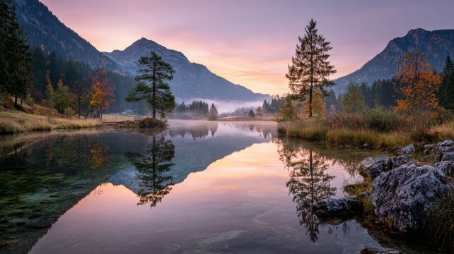 Stunning autumn sunrise over hintersee lake with misty reflections and colorful foliage, panoramic view of the bavarian alps near the austrian border, germany, europe, breathtaking natural landscape i